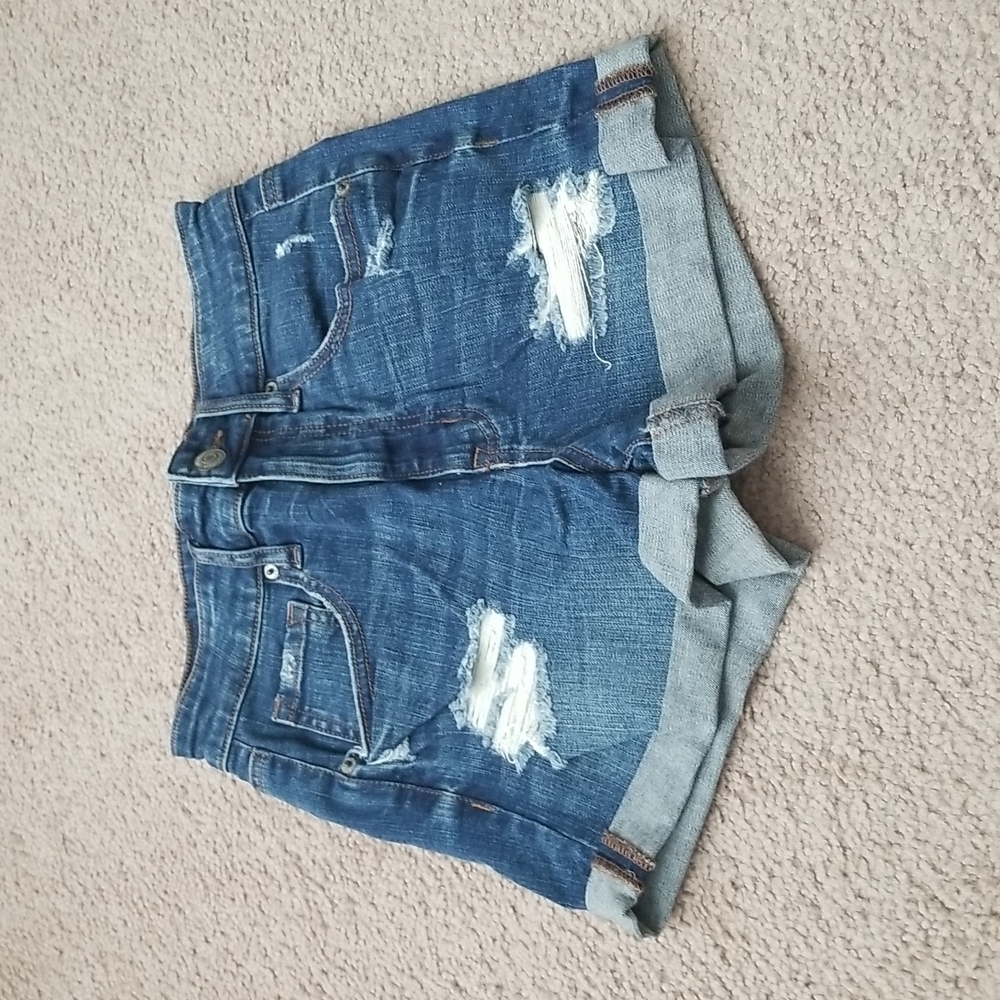Aeropostale Super High Rise Midi Cuffed Distressed Denim Shorts